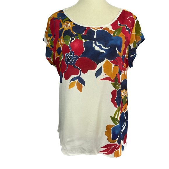 Desigual Floral Short Sleeve Top with Split V Back Size Medium - Picture 1 of 8
